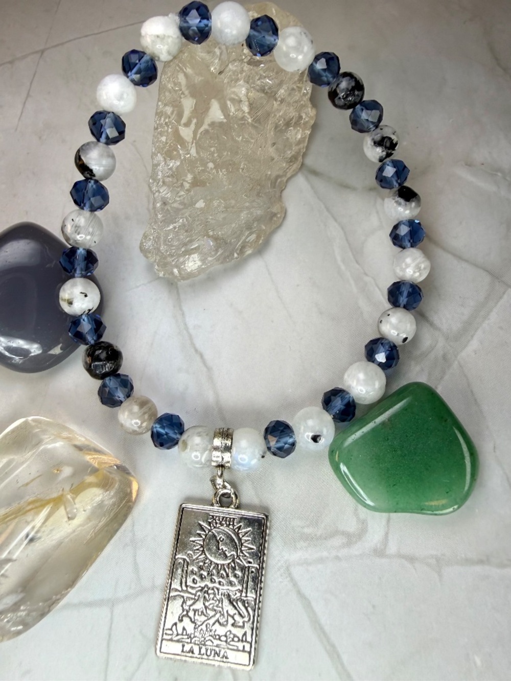 Rainbow Moonstone & Dark Sapphire La Luna Tarot Card Bracelet